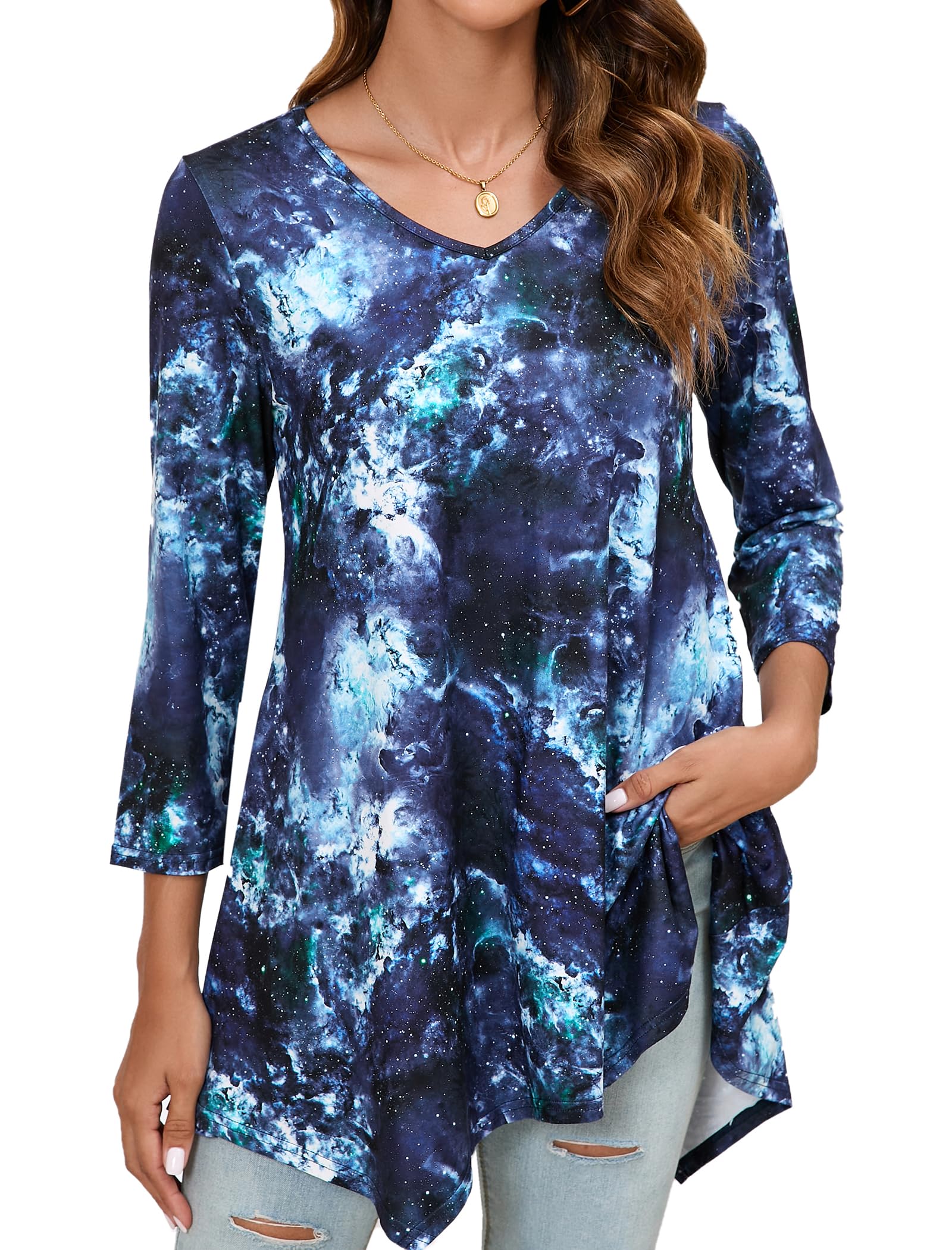 Enmain Women's Tunic Long Plus Size 3/4 Sleeve Blouse Chic Elegant V-Neck Patter