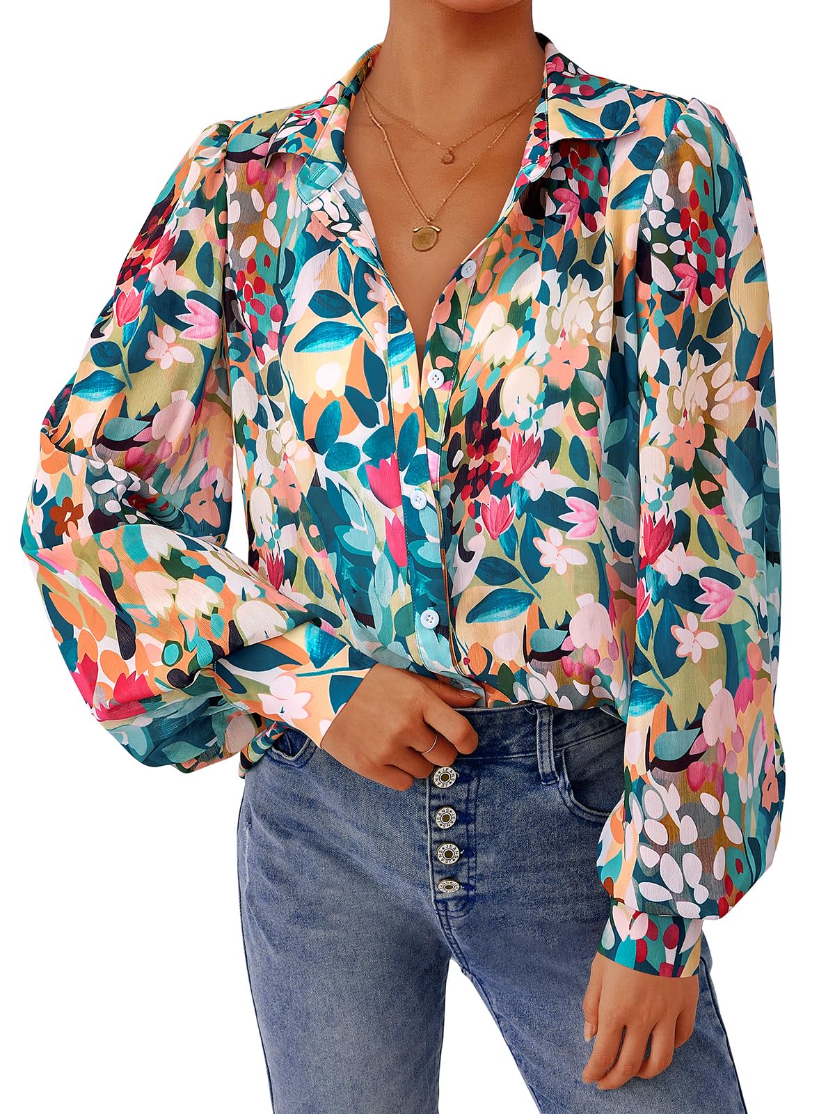 PRETTYGARDEN Women's Floral Blouses Elegant Casual V Neck Button Down Shirts Lan