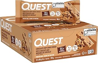 Quest Nutrition Chocolate Chip Cookie Dough Flavour Protein Bar, High Protein, High Fibre, Low Sugar, Keto Friendly, 21g Protein, 1g Sugar, 12ct
