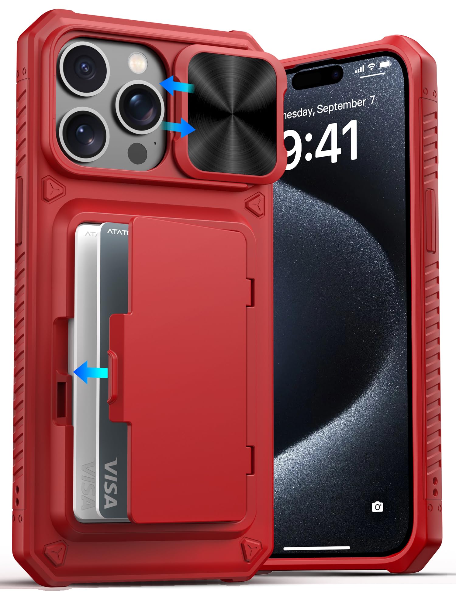 ATATOO for iPhone 15 Pro Max Case Wallet with Card Holder (3-5 Cards), Red
