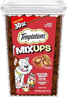 Temptations MixUps Crunchy and Soft Cat Treats, Cookout Flavor, 30 oz | Chicken, liver & beef flavors, under 2 calories per treat, 100% complete & balanced for adult cats, resealable stay-fresh tub