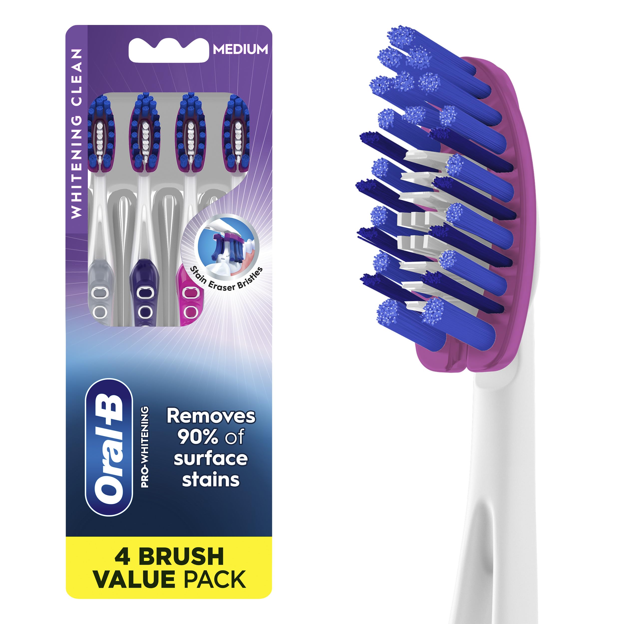 Oral-B 3D White Deep Stain Remover toothbrushes, 4 Count Toothbrush Medium, Remo