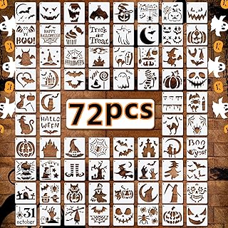72 PCS 3x3 Inch Halloween Stencils for Painting - Pumpkin, Ghost, Bat, Spider Web Witch Skull Reusable Halloween Painting Templates on Wood, Glass, Fabric, Window Door Decor DIY Decoration