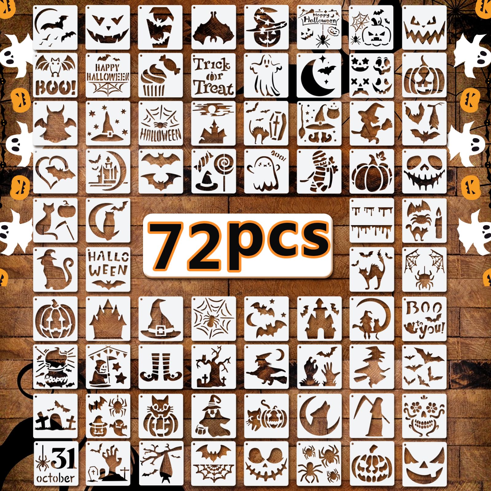 72 PCS 3x3 Inch Halloween Stencils for Painting - Pumpkin, Ghost, Bat, Spider We