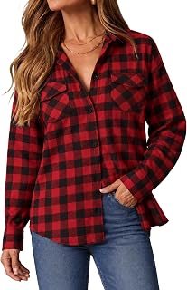 Oyamiki Womens Casual Cuffed Long Sleeve Boyfriend Button Down Plaid Flannel Shirt Tops