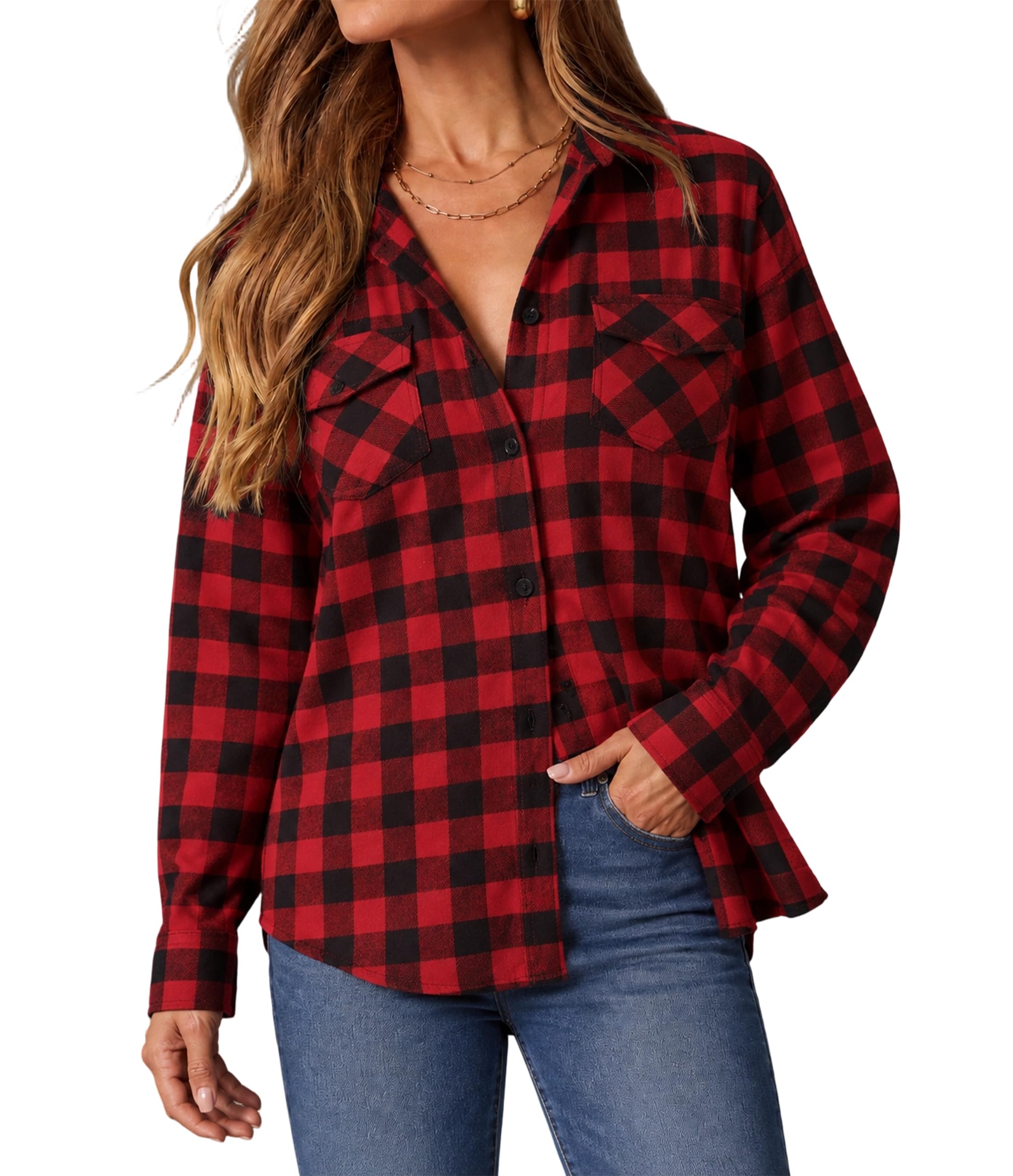 Oyamiki Womens Casual Cuffed Long Sleeve Boyfriend Button Down Plaid Flannel Shi
