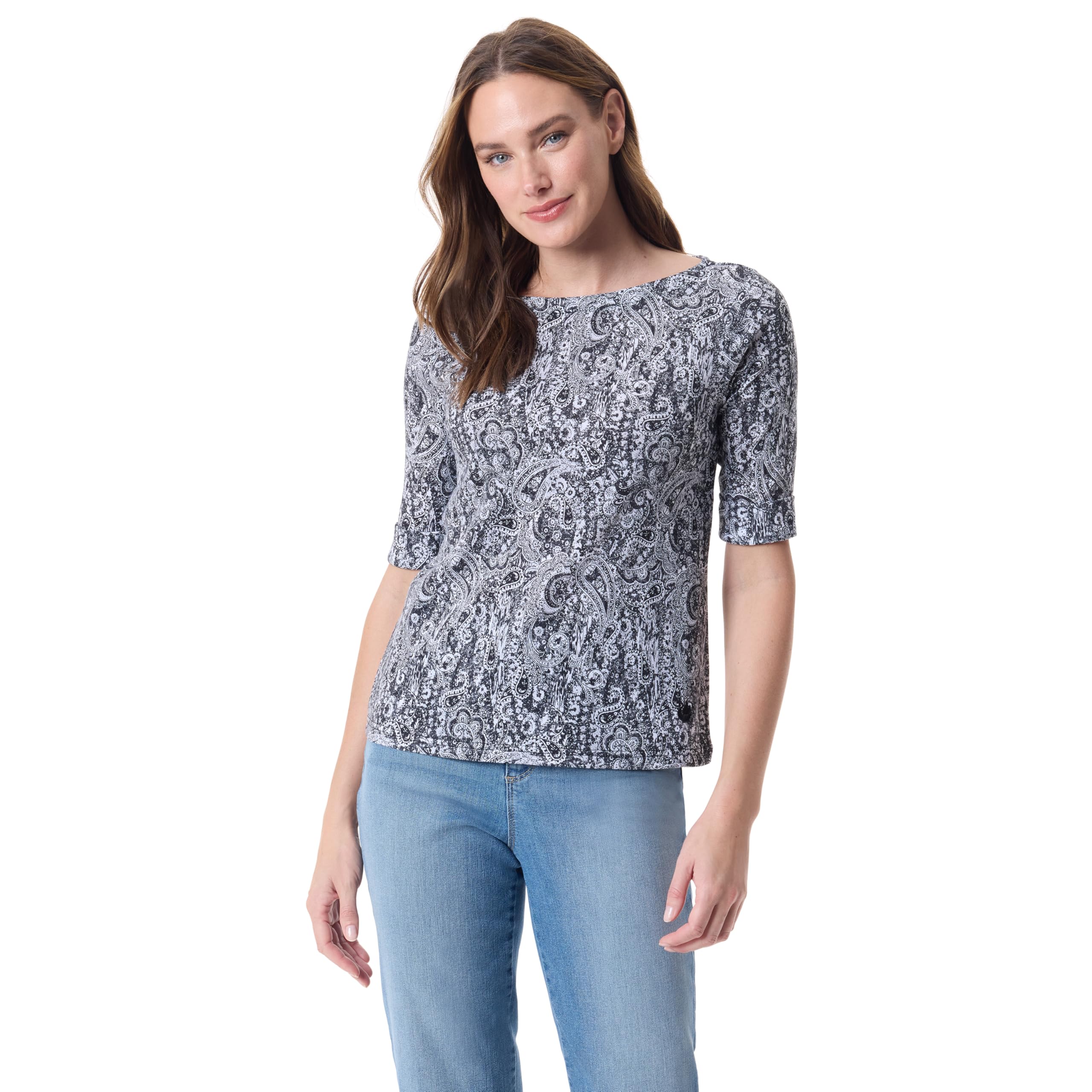 Gloria Vanderbilt Alanis Boat Neck Knit tee Shirt with Elbow Sleeves Standard Al