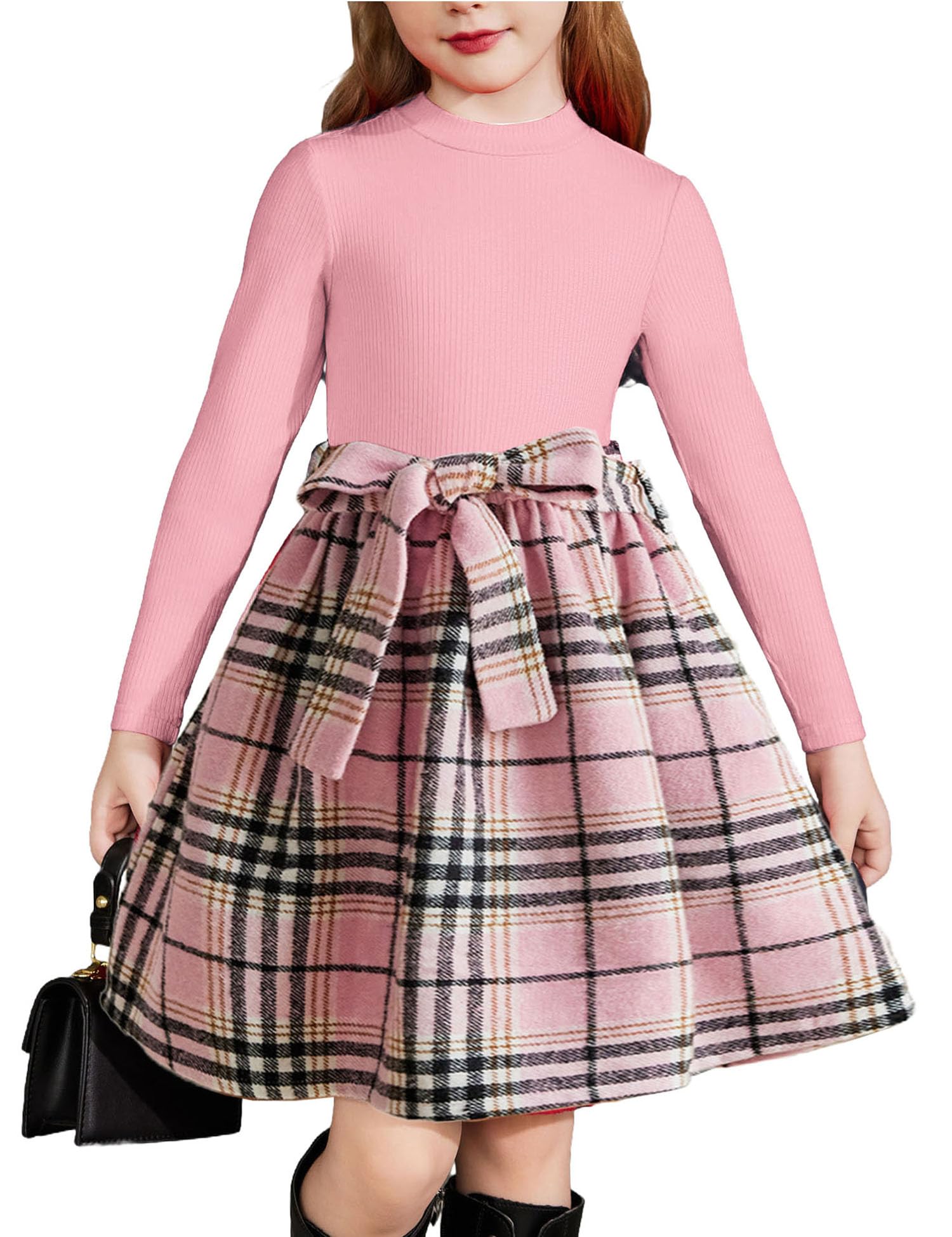 Arshiner Girls Long Sleeve Rib Knit Plaid Patchwork Dress with Pockets