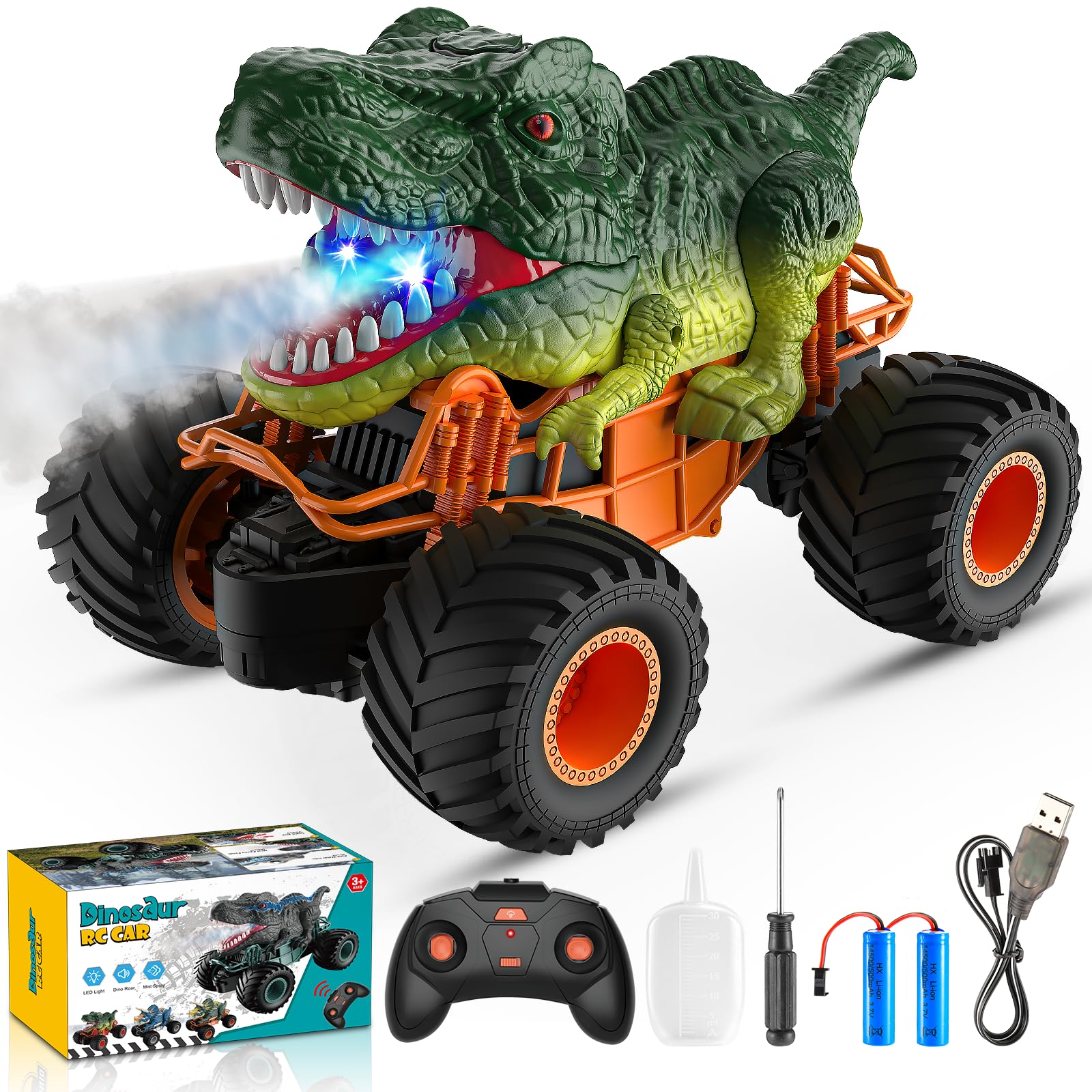 HappyGoLucky Dinosaur Remote Control Cars, 1:16 Scale Monster Truck Toy with Spr