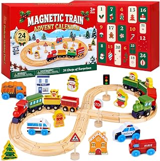Train Advent Calendar 2026 for Toddler Kids,Magnetic Train Toy With Railway | Solid Wooden Train Advent Calendar, Magnetic Train for Easy Connections, Wooden Railway & Christmas Display Map for More Fun