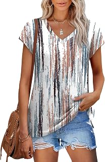 XIEERDUO Womens Tops V Neck Cap Sleeve Loose Fit Tee Shirts Summer Spring 2025 Eyelet/Printed