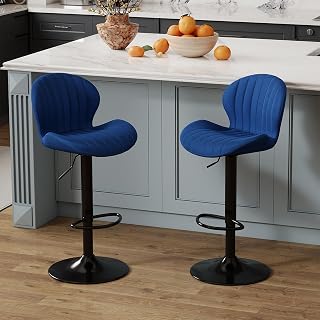 Youhauchair Adjustable Velvet Bar Stools Set of 2, Blue | Swivel, Counter Height, Back & Footrest, Armless, Modern, Fabric Kitchen Island Stool, Upholstered Dining Room Chair