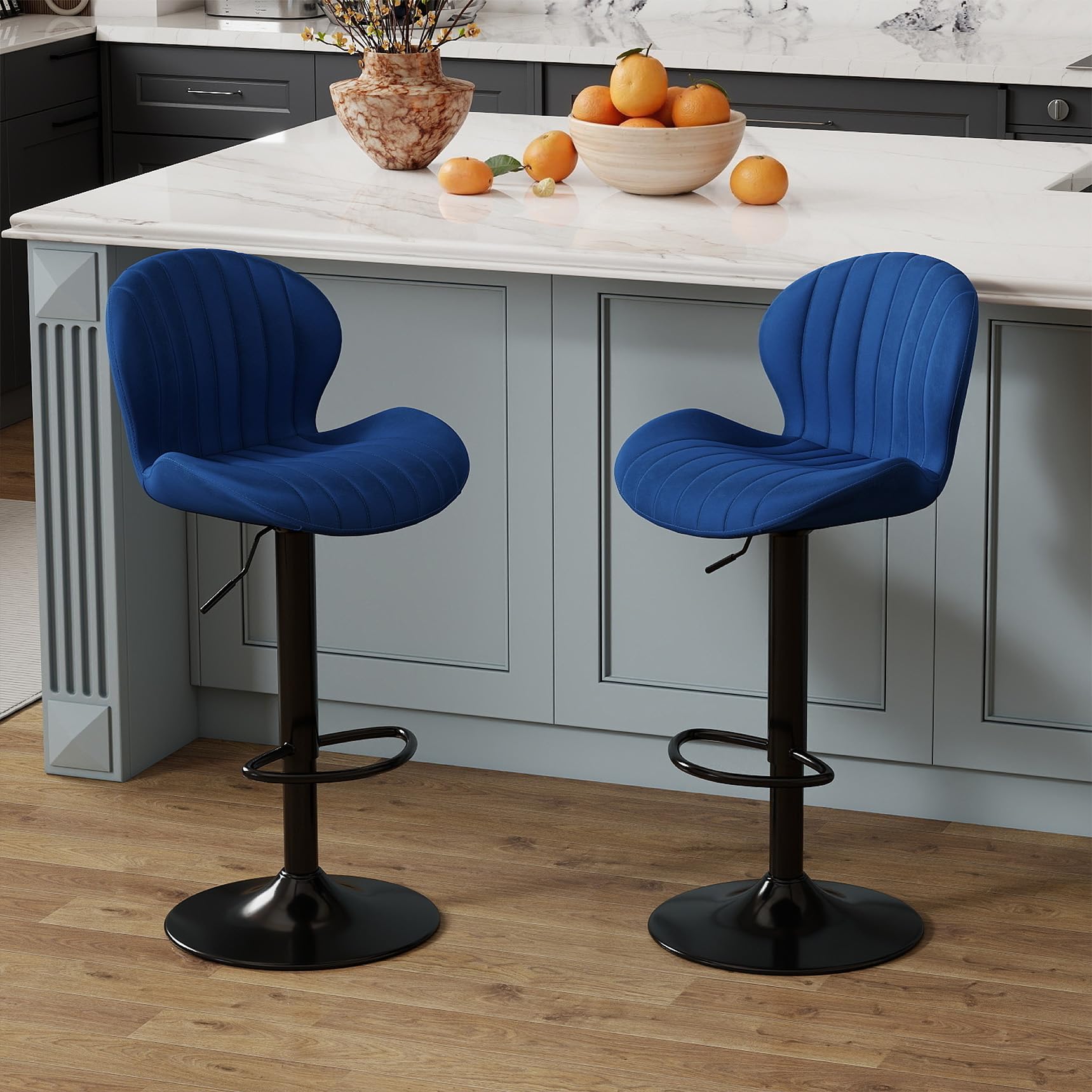 Youhauchair Adjustable Velvet Bar Stools Set of 2, Blue | Swivel, Counter Height