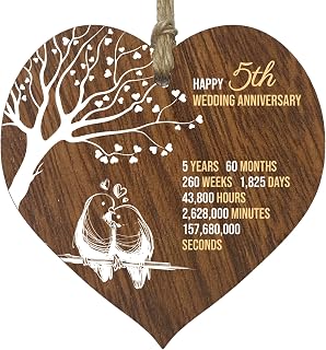 5th Wedding Anniversary Wooden Heart Plaque, Dark Wood Sign Keepsake | Celebrate Wooden Anniversary Wife or Husband Boyfriend Girlfriend, Plaque with Quotes Gifts from the Kids