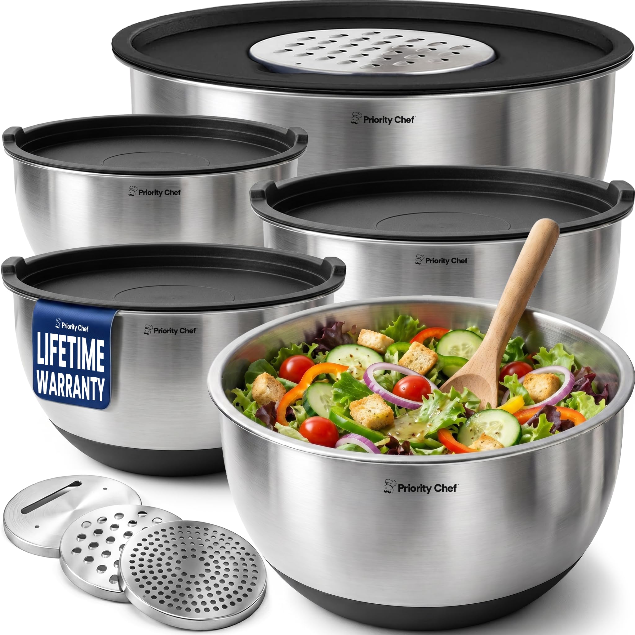 Priority Chef Stainless Steel Mixing Bowls with Lids Set, 3 Grater Attachments, 