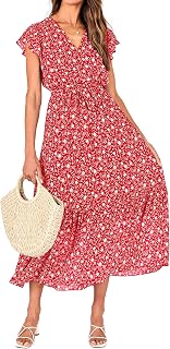 BTFBM Women Summer Casual Wrap V Neck Ruffle Cap Sleeve Belted Midi Dress