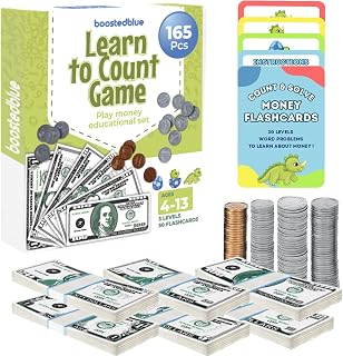 BOOSTEDBLUE Learn to Count Educational Play Money Game | 165 Piece Classroom Set | Ages 4+ | Paper Bills & Plastic Coins | Toy Money & Banking Play Set for Kids
