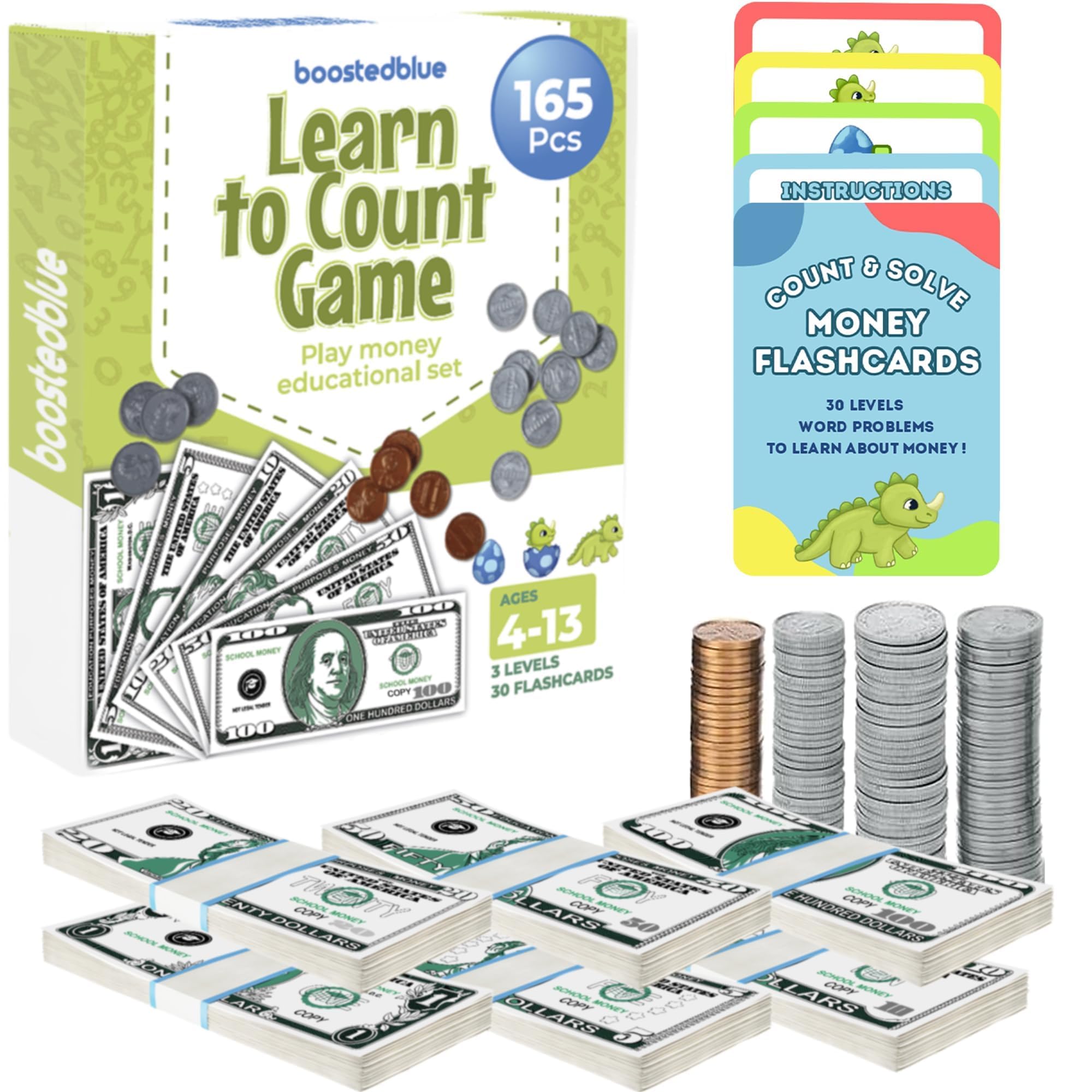 BOOSTEDBLUE Learn to Count Educational Play Money Game | 165 Piece Classroom Set