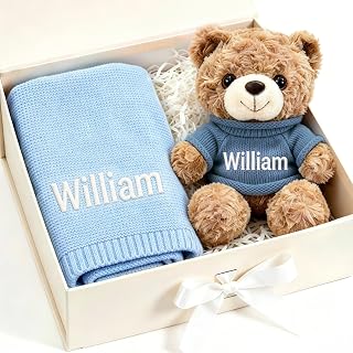 Personalized Knitted Cotton Baby Blanket & Plush Teddy Bear Set (Boy Girl) | 2-in-1 Baby Keepsake Box Dual Custom Embroidery, Personalized Name Gift Newborn Boy Girl Baby Shower Birthday Holiday Present