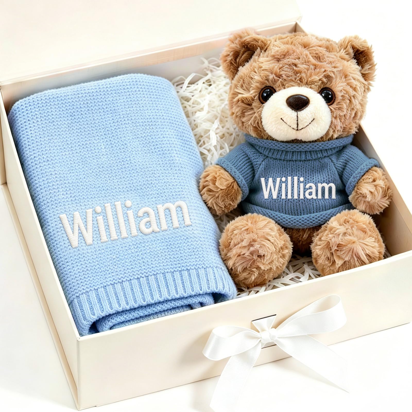 Personalized Knitted Cotton Baby Blanket & Plush Teddy Bear Set (Boy Girl) | 2-i