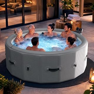Inflatable Hot Tub 6 Person, Portable Massage Family Spa with App Control | 360° bubble massage spa ,No installation required, auto-inflate, energy-efficient insulated heating,LED light,77in x 28in