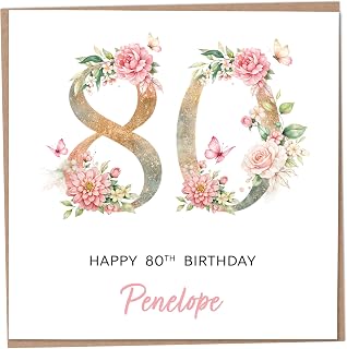 Personalised 80th Birthday Card for Women, Luxury Flower & Butterfly Design with Customised Name, Special Milestone Keepsake Gift, Cute Contemporary Handmade Customizable Age 80 Cards, Glitter Effect