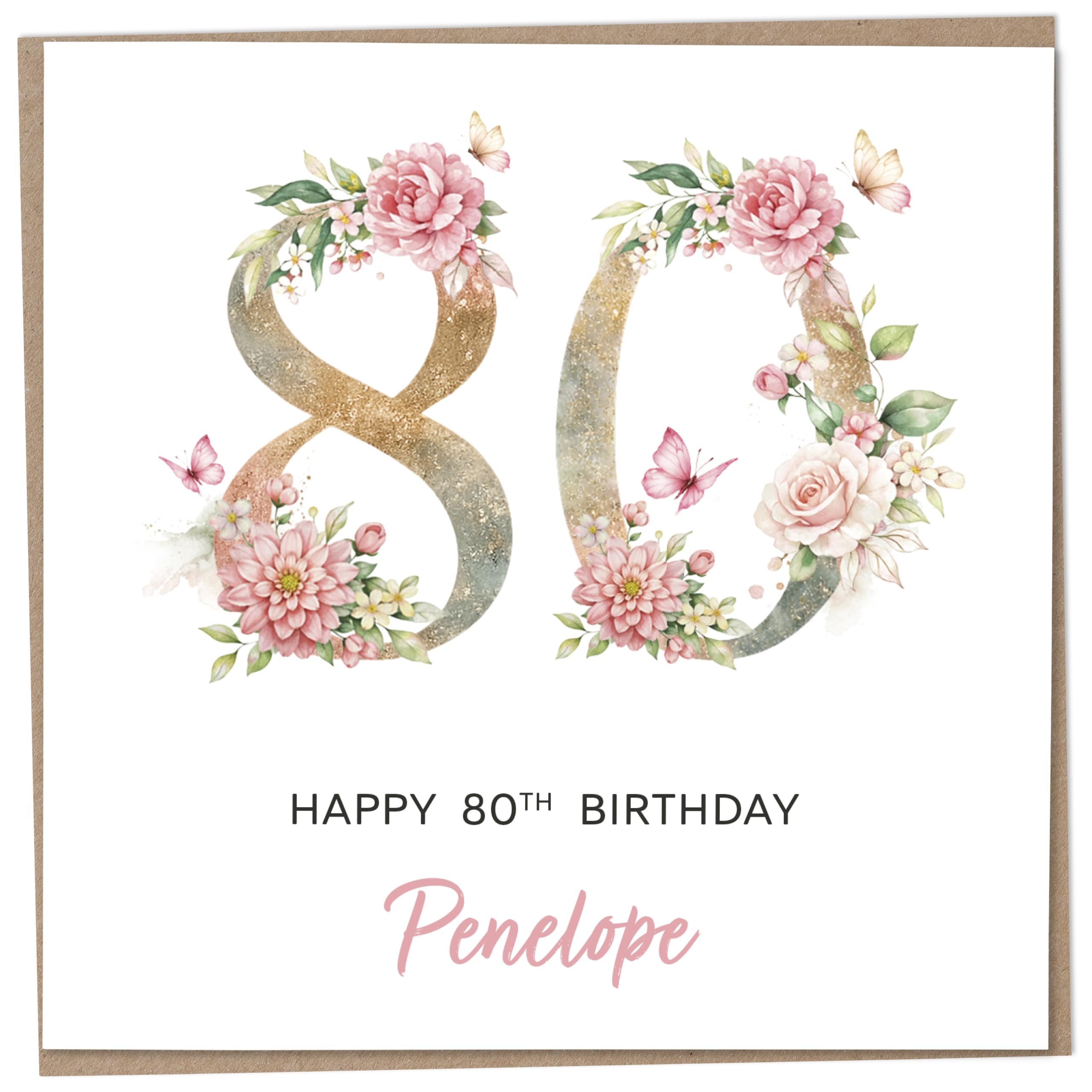 Personalised 80th Birthday Card for Women, Luxury Flower & Butterfly Design with
