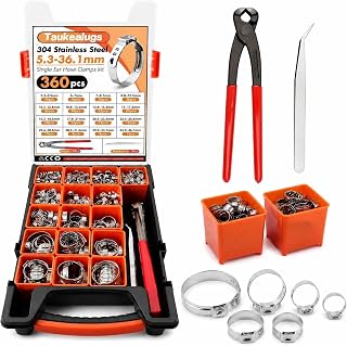 360Pcs Single Ear Hose Clamps Assortment Kit,Stepless 16 Size(5.3-36.1mm) 304 Stainless Steel Clamp,Ear Clamp Pliers Tool with Portable Toolbox for Automotive,Fuel Line,Plumbing,DIY Hose Repair