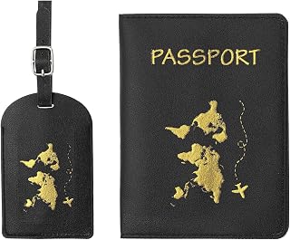 Passport Cover and Luggage Tag Set, PU Leather Passport Holder Travel Tag ID Holder Travel Accessories for Men Women Black