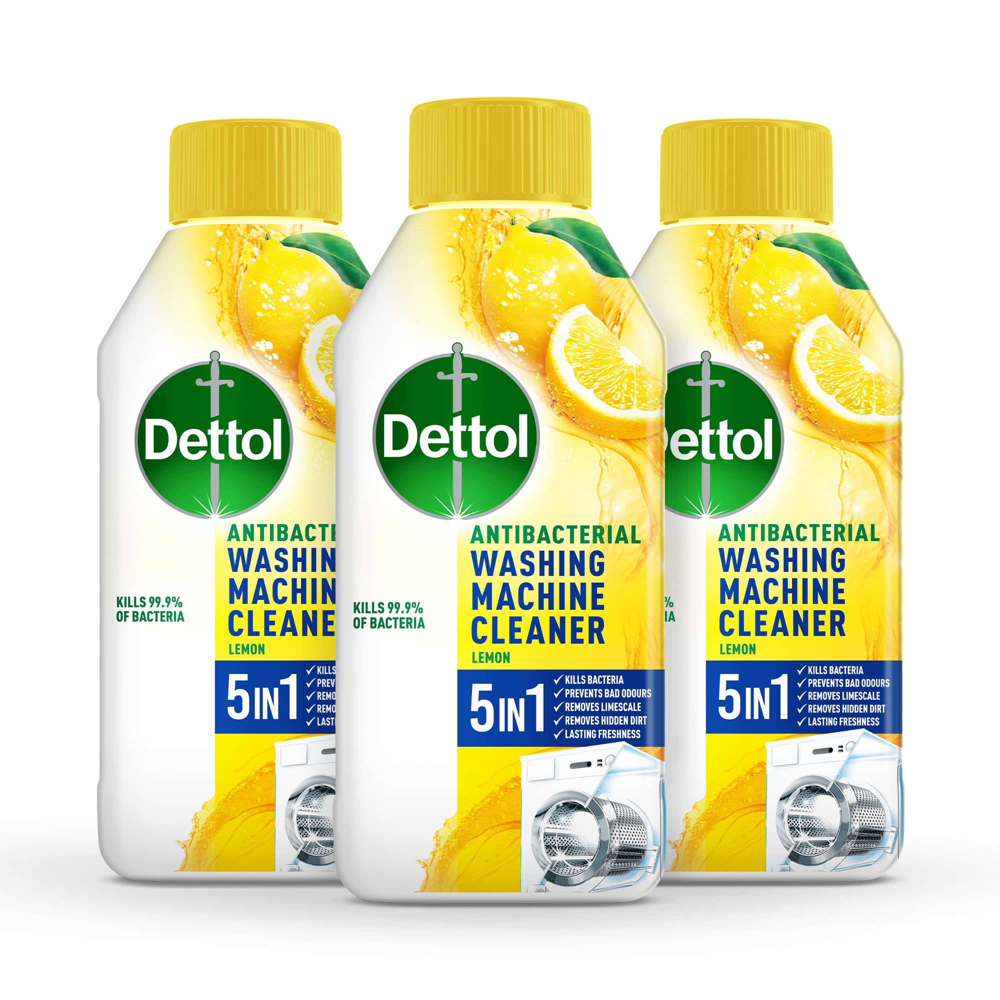 Dettol, Washing Machine Cleaner, Lemon, 750ml (250ml x 3pck) Antibacterial, Remo