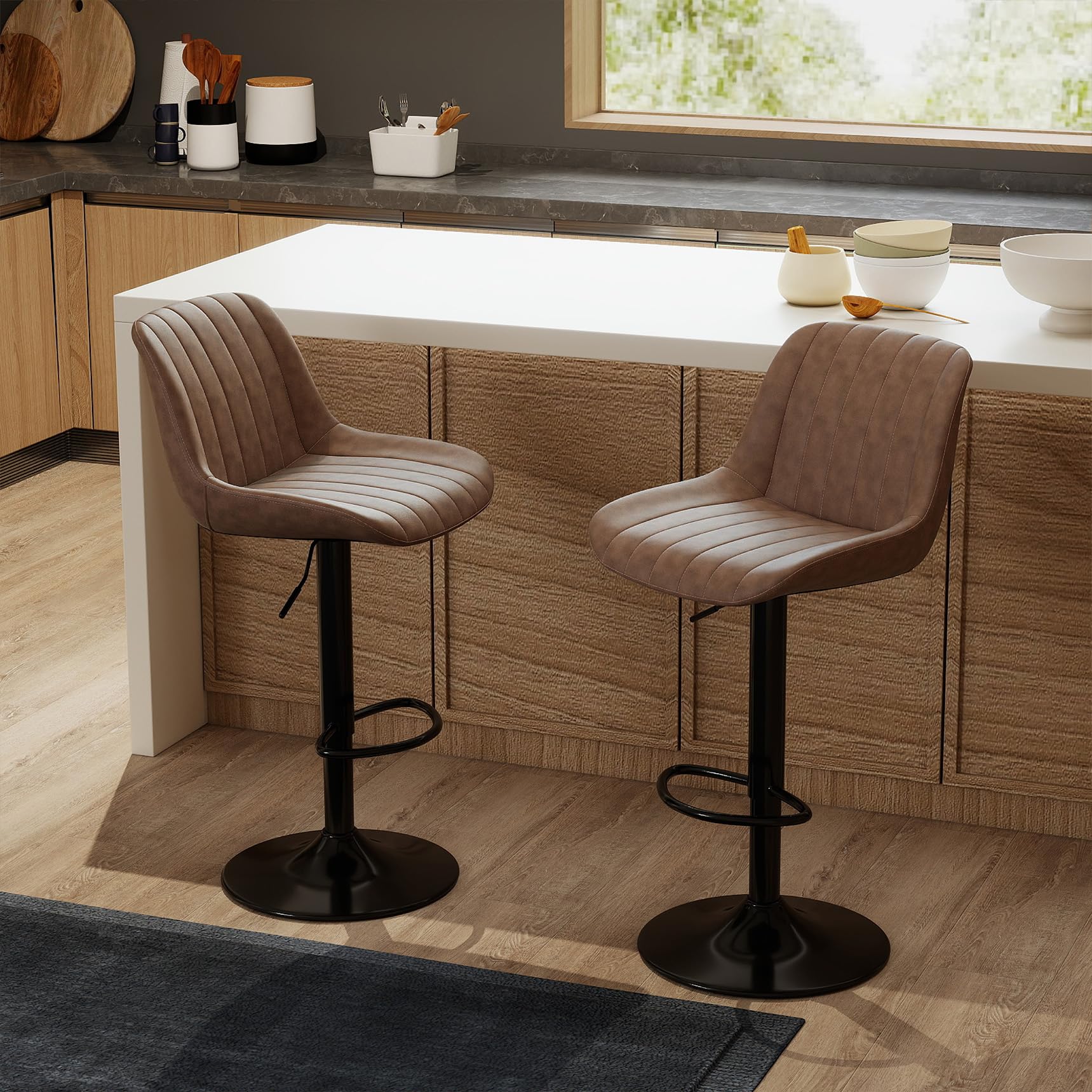 Youhauchair Adjustable Faux Leather Bar Stools Set of 2, Light Brown | Swivel, C