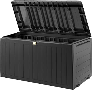 Deuba® Keter 270 Litre Outdoor Garden Furniture Storage Box, Anthracite | Outdoor Storage for Garden Furniture, Tools, Toys, Graphite Wood Panel Effect, Fade Free All Weather Resistant, Safe & Secure