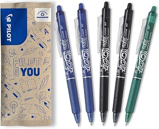 PILOT FriXion Clicker Erasable Rollerball Pen, Set of 5, Blue, Green, Black Colour