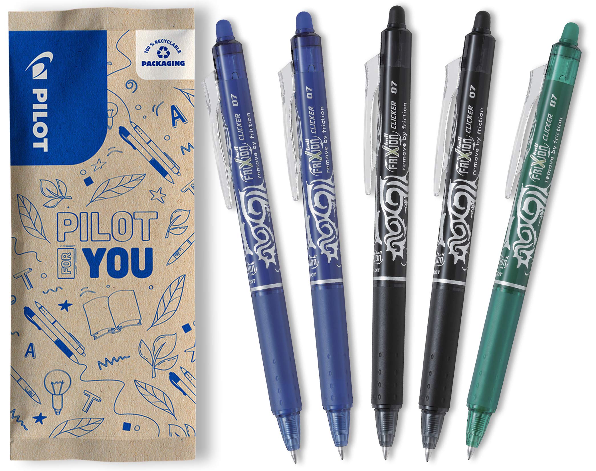 PILOT FriXion Clicker Erasable Rollerball Pen, Set of 5, Blue, Green, Black Colo