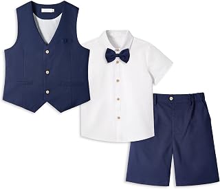 LOLANTA 4PCS Page Boy Short Suit Boys Wedding Suit Kids Gentleman Waistcoat Shorts Suit Set, Linen Summer Waistcoat Set, Christening Ceremony Prom Birthday Partywear, Waistcoat+Shorts+Shirt+Bowtie