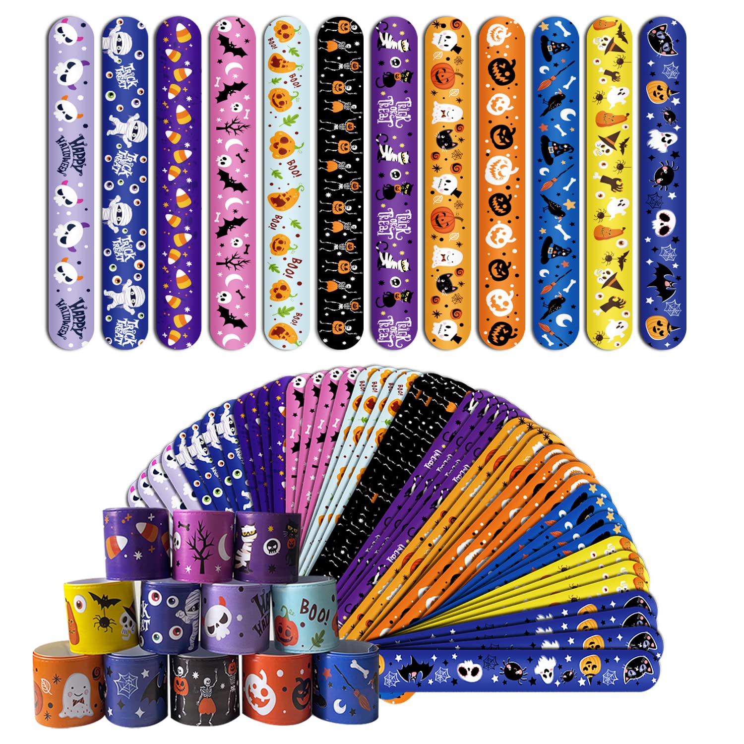 CCINEE 48pcs Halloween Slap Bracelets,Halloween Snap Bracelet Pumpkin Wristband 