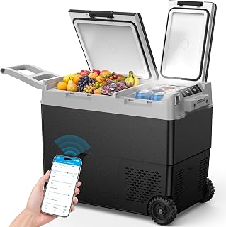 Feelfunn 12V Refrigerator 61QT Dual Zone Portable Freezer, Black | -4℉~68℉ with APP, 15-Min Fast Cooling, Wheeled Design, <45dB Quiet, 12/24V DC & 110-240V AC for Camping, RV