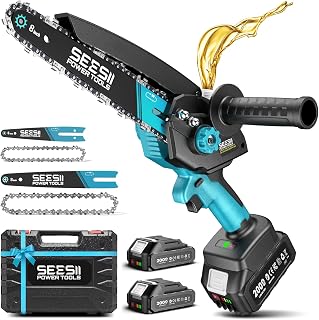 SEESII 8 Inch & 6 Inch Mini Chainsaw Cordless with 2 Batteries & Auto Oiler | 1000W Brushless Motor, Electric Handheld Chain Saw for Tree Branch Wood Cutting, Garden Tools Gift for Men Dad Husband, Blue