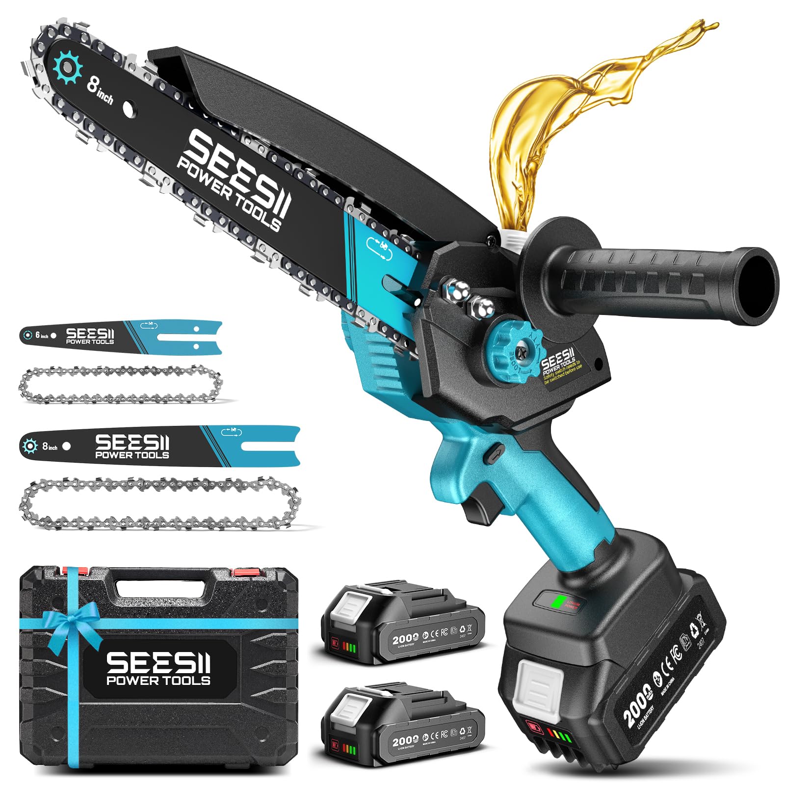 SEESII 8 Inch & 6 Inch Mini Chainsaw Cordless with 2 Batteries & Auto Oiler | 10