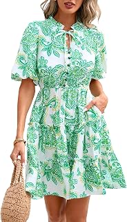 BTFBM Women Summer Floral Short Dresses V Neck Short Sleeve Tiered Ruffle Boho Swing Dress A-Line Mini Dresses