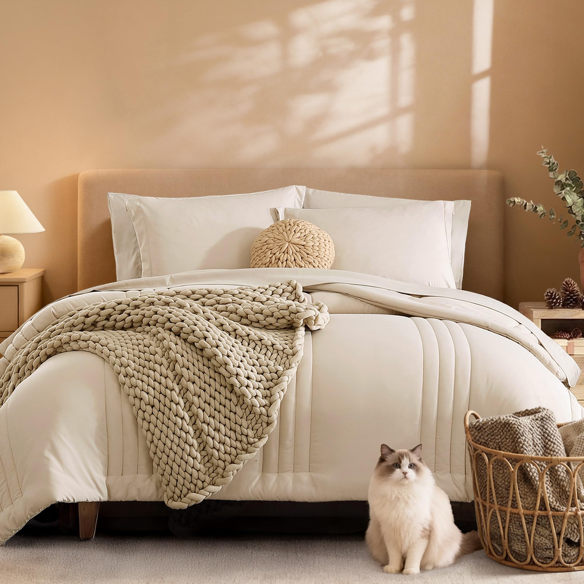 Queen Comforter Set-7 Pieces Beige Soft Bed in a Bag Queen Bedding Sets | Monbix
