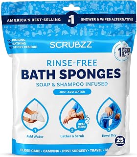Scrubzz Disposable Rinse Free Bathing Wipes - 25 Pack - All-in-1 Single Use Shower Wipes, Simply Dampen, Lather, and Dry Without Shampoo or Rinsing