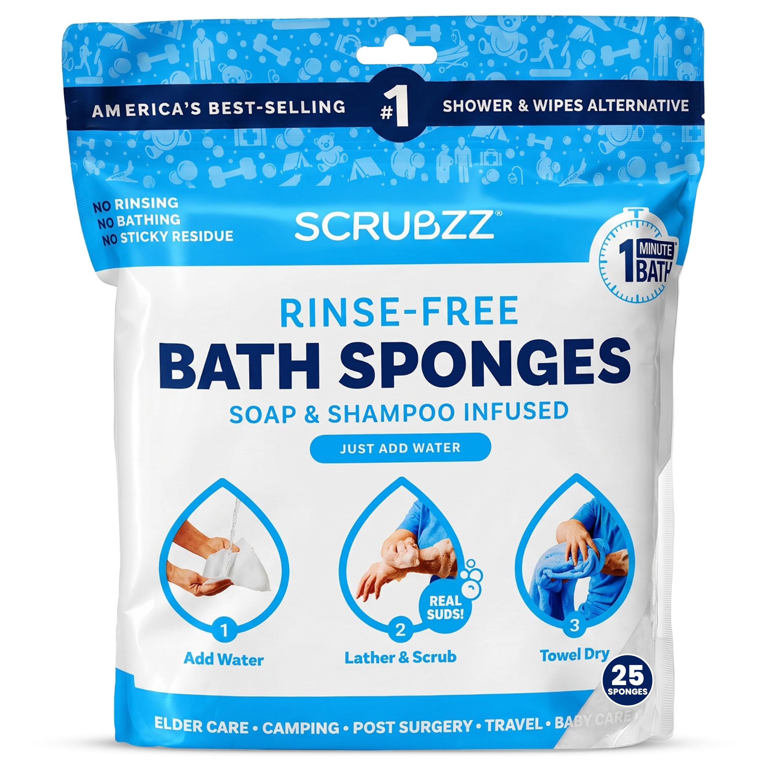 Scrubzz Disposable Rinse Free Bathing Wipes - 25 Pack - All-in-1 Single Use Show