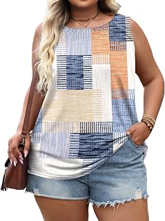 Micoson Plus Size Tank Tops Pleated Round Neck Shrits for Women Sleeveless Dressy Casual Tunic (1X-5X)