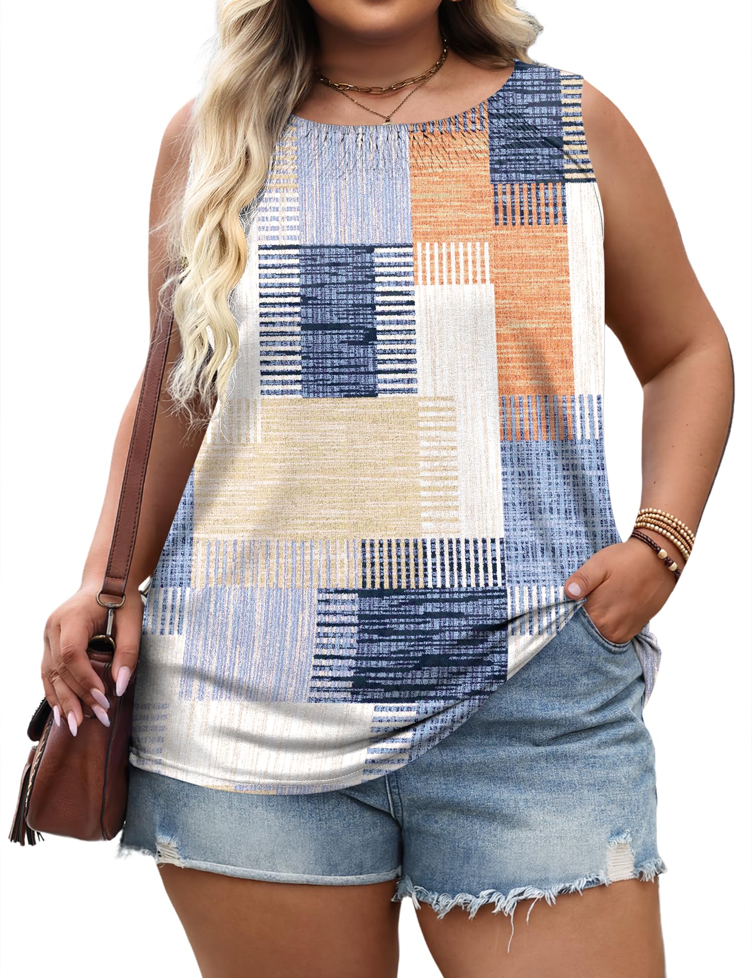 Micoson Plus Size Tank Tops Pleated Round Neck Shrits for Women Sleeveless Dress
