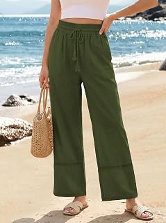 Wide Leg Linen Pants for Women High Waist Casual Drawstring Beach Palazzo Pants with Pockets