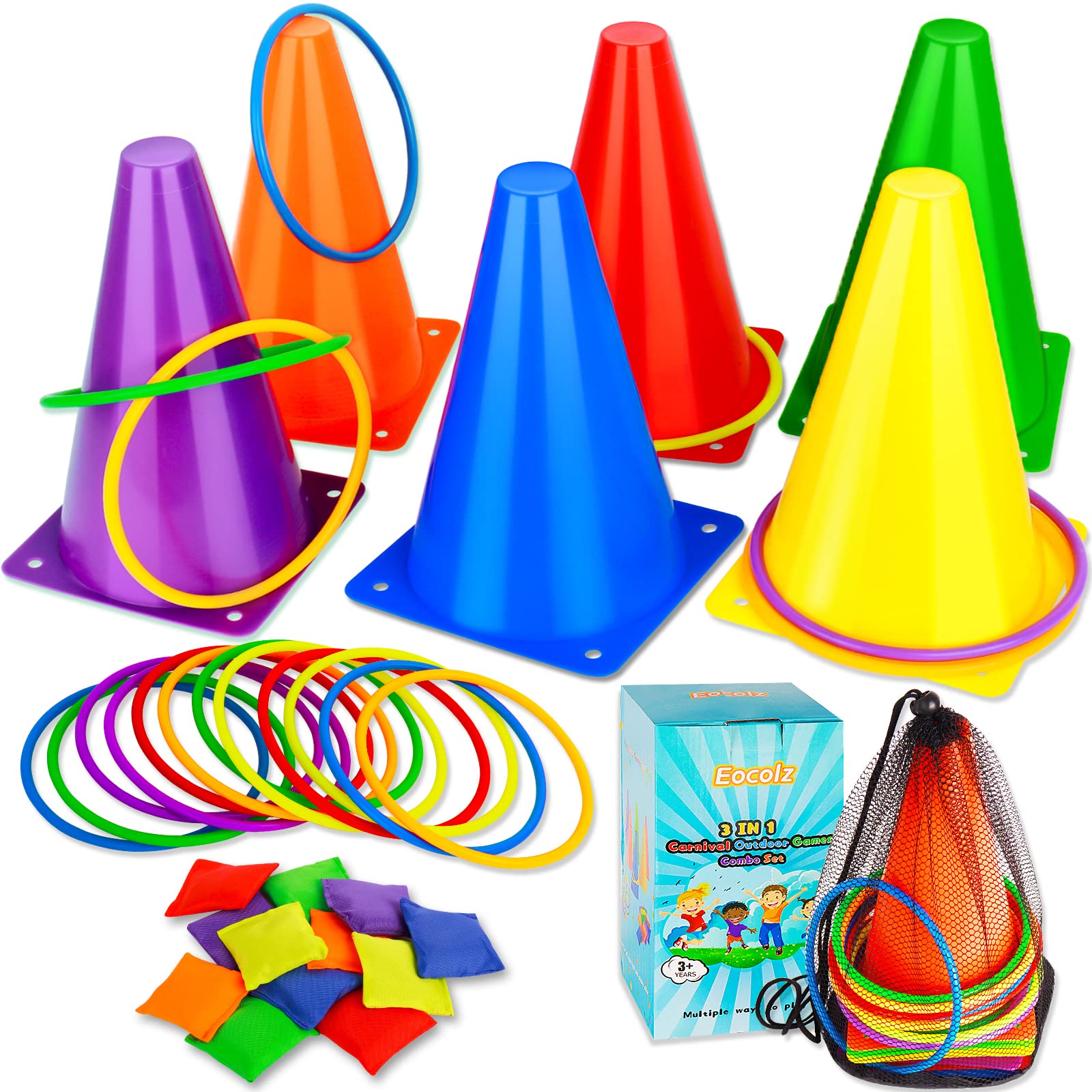 Eocolz 3 in 1 Carnival Games Set, Soft Plastic Cones Bean Bags Ring Toss Games f