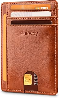 Buffway Slim Minimalist Front Pocket RFID Blocking Leather Wallets for Men and Women, Alaska Brown, S, Minimalist