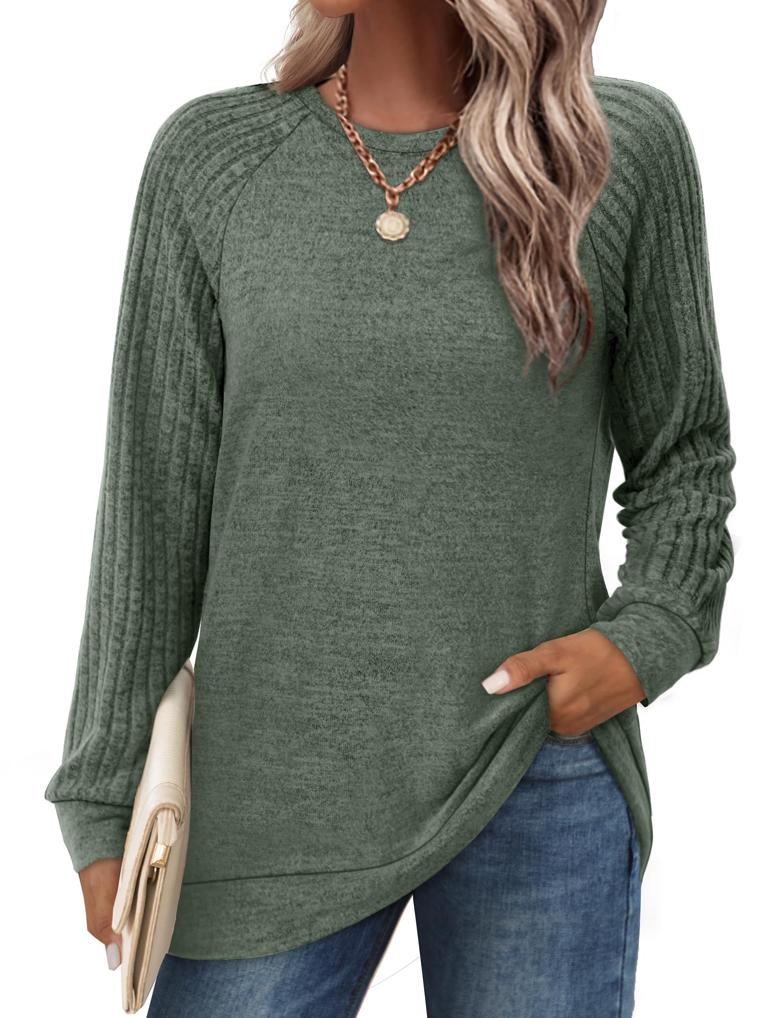 Saloogoe Tunic Sweatshirts for Women Crewneck Lightweight Sweaters Raglan Long S