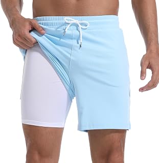 FT FENTENG Mens Swim Trunks with Compression Liner 7" Board Shorts with Zipper Pockets 2 in 1 Quick Dry Bathing Suits